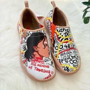 UIN Women's Colorful Graffiti Slip-On Flats - Red, Yellow, Black, White Size 7